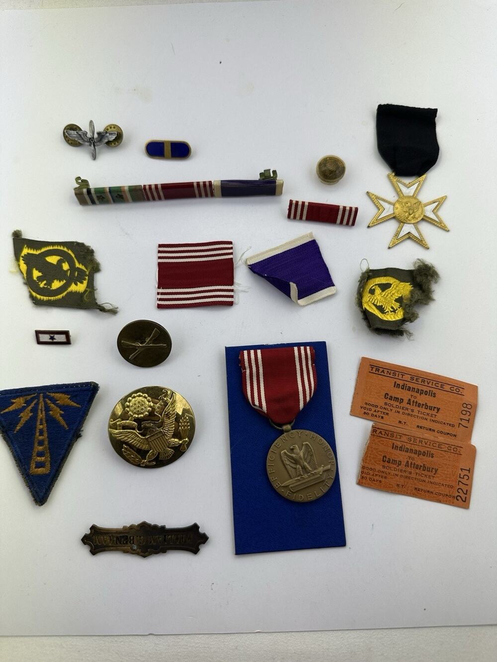 18 Pc Lot Vintage Military WW2 Pins Medals Patches Ribbons Tickets Buttons